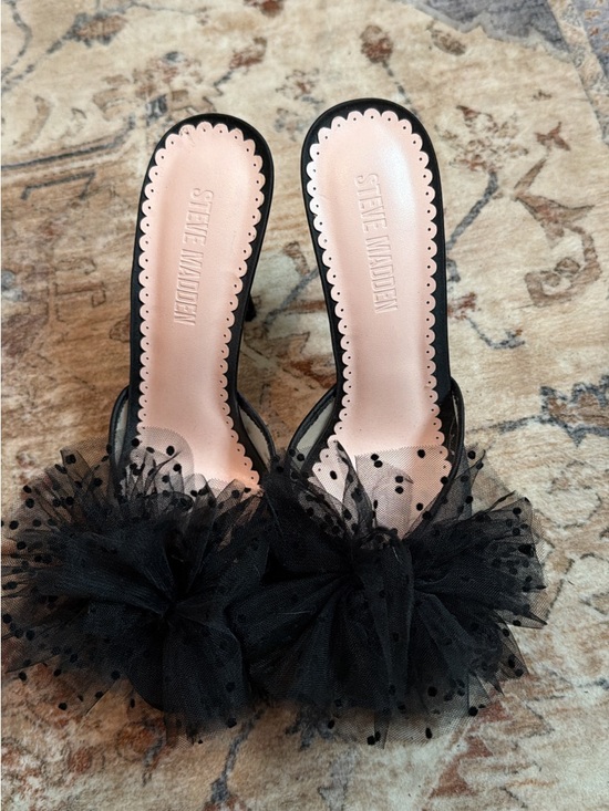 Steve Madden Shoes - Steve Madden Black Slide Mules with Pink Insole and Tulle Pom